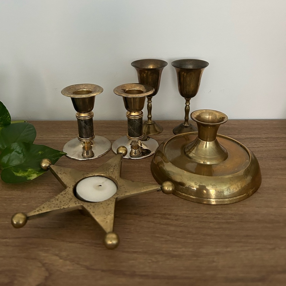 Brass Candle Holders and goblets Set of 6